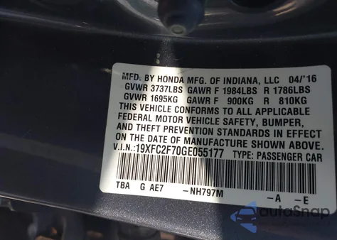 2016 Honda Civic Ex from USA, damaged, VIN 19XFC2F70GE055177